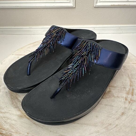 FITFLOP Rumba Iridescent Beaded Toe Post Sandal Women Size 10 Metallic Blue 336 - Picture 2 of 8